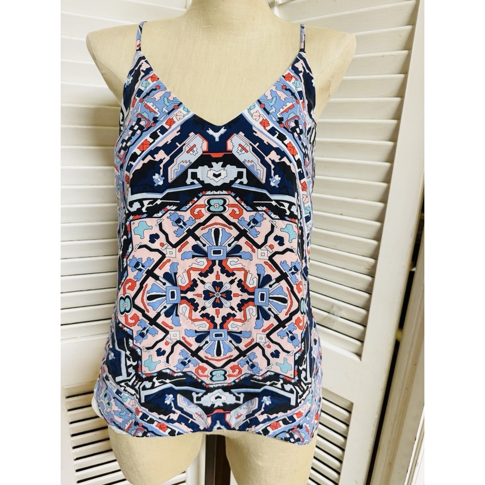 Alice&Trixie 100%‎ Silk Shades Of Blue Geometric Cross Cross Back Tank Top XS/2